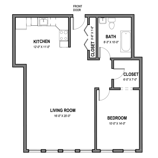Floor plan for 1 bed, 1 bath, 816 sqft